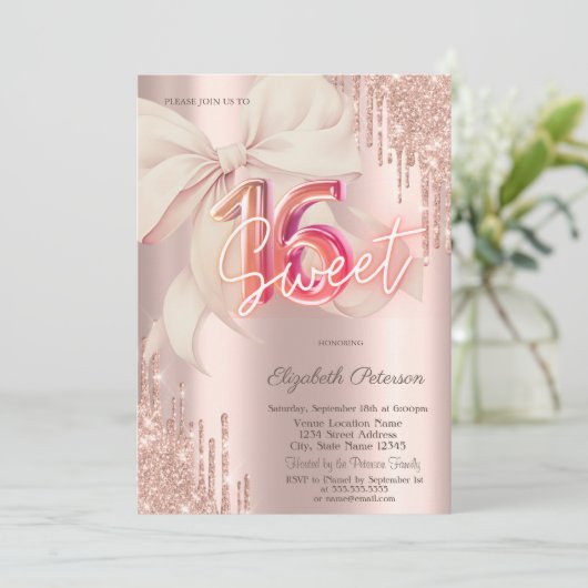 Glitter Drips Pink Bow Rose Gold Shiny Sweet 16 Kaart (Staand voorkant)
