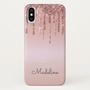 Glitter Drips Roos Blush Roze Zwart Script Naam Case-Mate iPhone Case