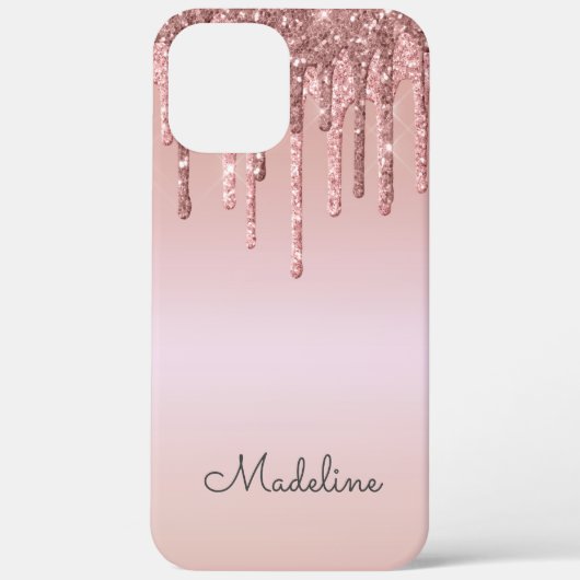 Glitter Drips Roos Blush Roze Zwart Script Naam Case-Mate iPhone Case (Achterkant)