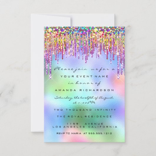 Glitter Drips Roos Bridal 16th Rainbow Holographic Kaart (Voorkant)