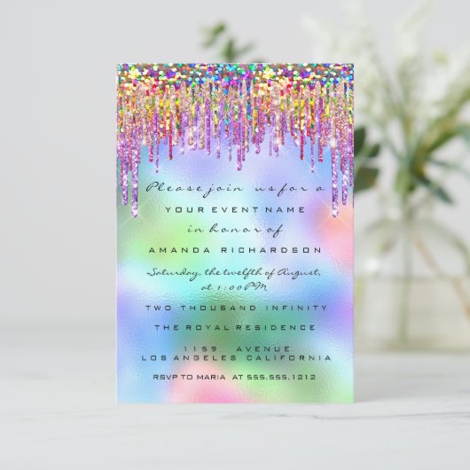 Glitter Drips Roos Bridal 16th Rainbow Holographic Kaart (Staand voorkant)
