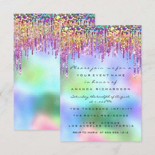 Glitter Drips Roos Bridal 16th Rainbow Holographic Kaart (Voorkant / Achterkant)