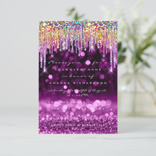 Glitter Drips Roos Bridal 16th Rainbow Paars Kaart (Staand voorkant)