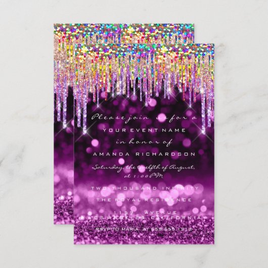 Glitter Drips Roos Bridal 16th Rainbow Paars Kaart (Voorkant / Achterkant)