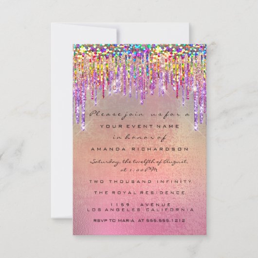 Glitter Drips Roos Bridal 16th Rainbow Unicorn Kaart (Voorkant)