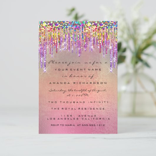 Glitter Drips Roos Bridal 16th Rainbow Unicorn Kaart (Staand voorkant)