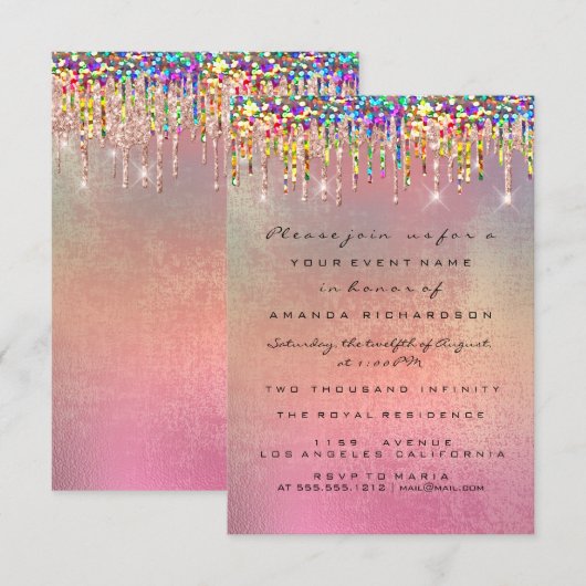 Glitter Drips Roos Bridal 16th Rainbow Wedding Kaart (Voorkant / Achterkant)