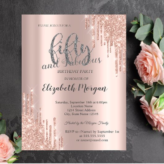 Glitter Drips Roos Gold 50e verjaardag Kaart
