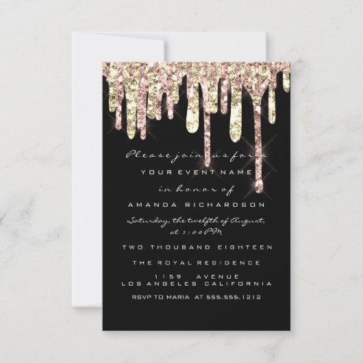 Glitter Drips Roos Gold Black Bridal Sweet 16th Kaart (Voorkant)