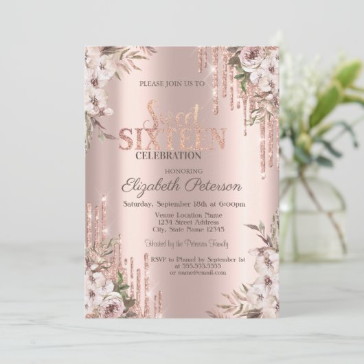 Glitter Drips Roos Gold Boho Flowers Sweet 16 Kaart (Staand voorkant)