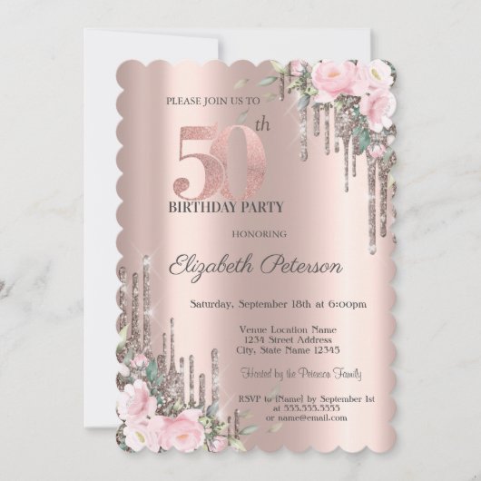 Glitter Drips Roos Gold Floral 50e verjaardag Kaart (Voorkant)