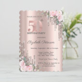 Glitter Drips Roos Gold Floral 50e verjaardag Kaart (Staand voorkant)