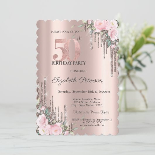 Glitter Drips Roos Gold Floral 50e verjaardag Kaart (Staand voorkant)