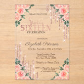 Glitter Drips Roos Gold Floral Sweet 16 Acryl Uitnodigingen (Voorkant)