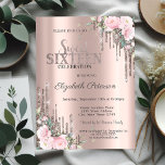 Glitter Drips Roos Gold Floral Sweet 16 Kaart<br><div class="desc">Een modern,  chic en glamoureus Sweet 16 met glitterdruppels op een gouden achtergrond van het roos.</div>