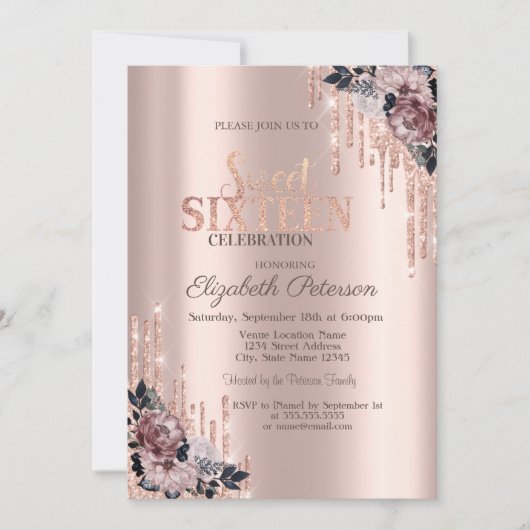 Glitter Drips Roos Gold Floral Sweet 16 Kaart (Voorkant)