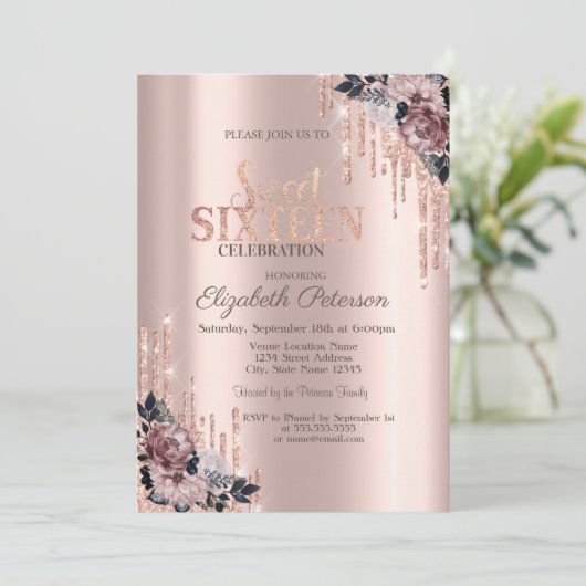 Glitter Drips Roos Gold Floral Sweet 16 Kaart (Staand voorkant)