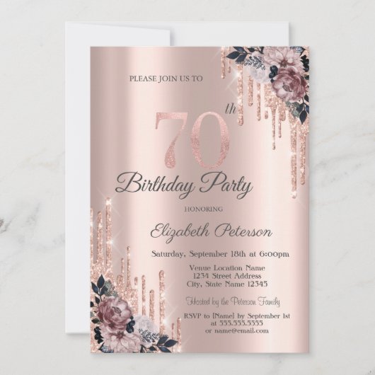 Glitter Drips Roos Gold Flowers 70ste verjaardag Kaart (Voorkant)