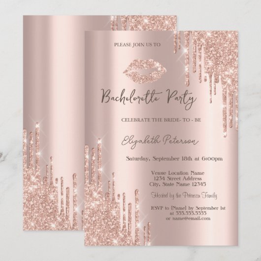 Glitter Drips Roos Gold Lips Bachelorette Party Kaart