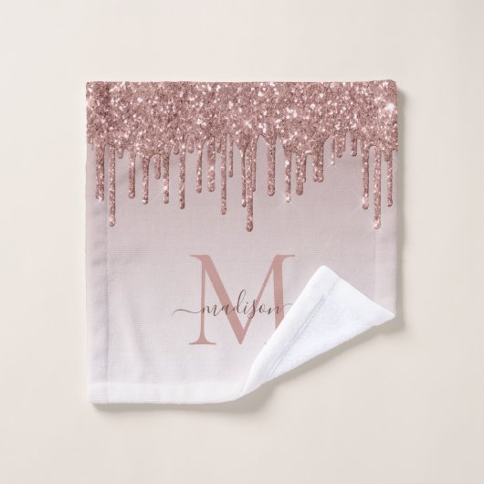 Glitter Drips Roos Gold Monogram Vrouwelijk Script Bad Handdoek (Wasdoekje)