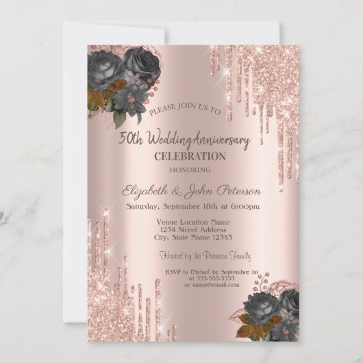 Glitter Drips Roos Goud Zwart Rozen Bruiloft Kaart (Voorkant)