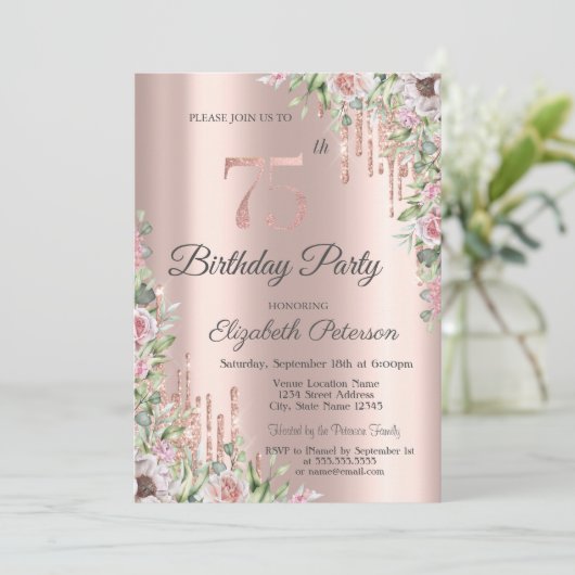 Glitter Drips Roos Gouden Rozen 75e Verjaardag Kaart (Staand voorkant)