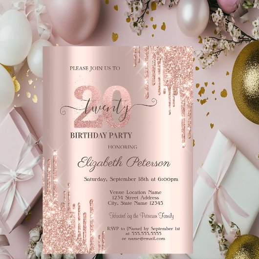 Glitter Drips Rose Gold 20th Birthday Party Kaart
