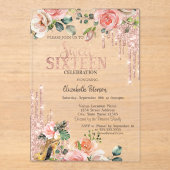 Glitter Drips Rose Gold High Heels Roses Sweet 16  Acryl Uitnodigingen (Voorkant)