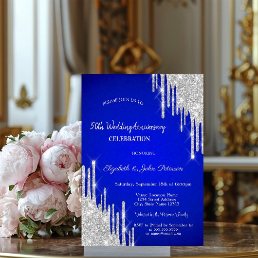 Glitter Drips Royal Blue Trouwdag Jubileum Kaart
