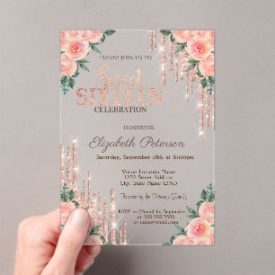 Glitter Drips Roze Goud Bloemige Sweet 16 Acryl Uitnodigingen