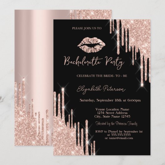 Glitter Drips Roze Gouden Lippen Zwart Kaart (Voorkant / Achterkant)