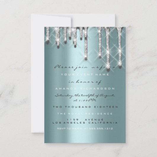 Glitter Drips Silver Blauwgroen Bridal Sweet 16th  Kaart (Voorkant)
