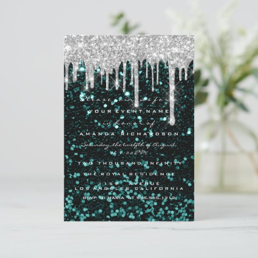 Glitter Drips Silver blauwgroen Bridal Sweet 16tt Kaart (Staand voorkant)