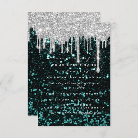 Glitter Drips Silver blauwgroen Bridal Sweet 16tt Kaart (Voorkant / Achterkant)
