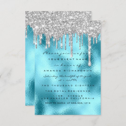 Glitter Drips Silver Blue Bridal Sweet 16th Ocean Kaart (Voorkant / Achterkant)