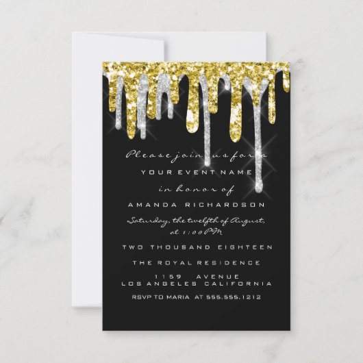 Glitter Drips Silver Gold Black Bridal Sweet 16th Kaart (Voorkant)