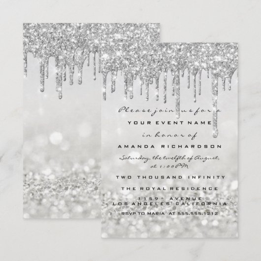 Glitter Drips Silver Grey Bridal Sweet 16th Kaart (Voorkant / Achterkant)