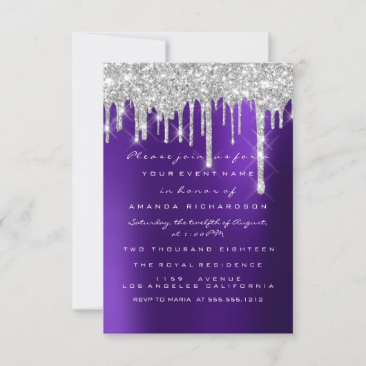 Glitter Drips Silver Paars Bridal Sweet 16th Kaart (Voorkant)