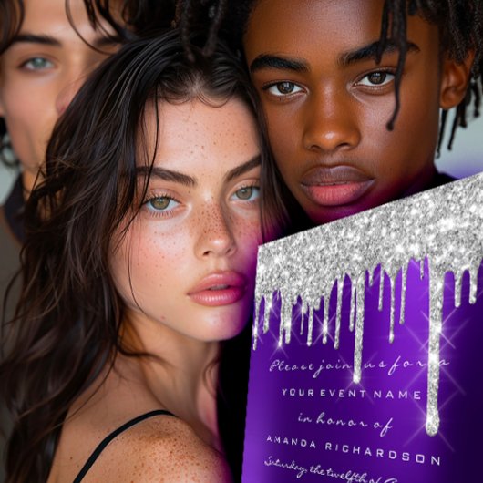 Glitter Drips Silver Paars Bridal Sweet 16th Kaart