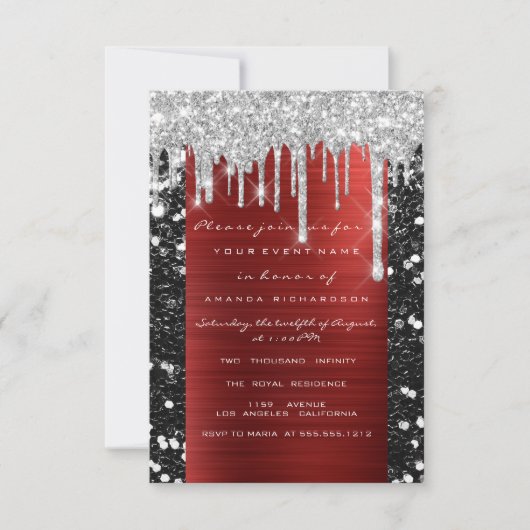 Glitter Drips Silver Red Black Bridal Sweet 16th Kaart (Voorkant)