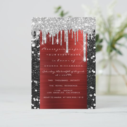 Glitter Drips Silver Red Black Bridal Sweet 16th Kaart (Staand voorkant)