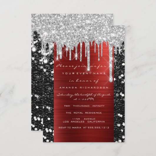 Glitter Drips Silver Red Black Bridal Sweet 16th Kaart (Voorkant / Achterkant)