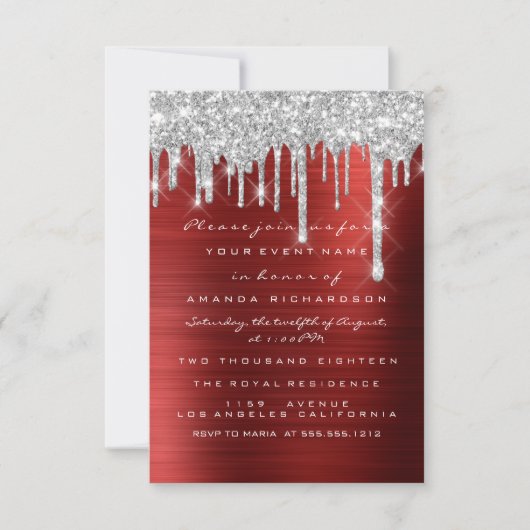 Glitter Drips Silver Red Ruby Bridal Sweet 16th Kaart (Voorkant)