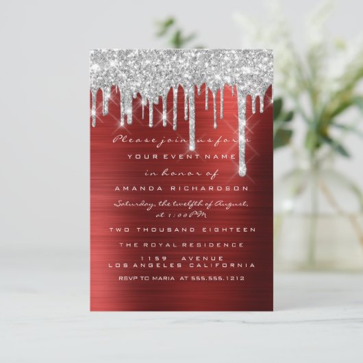 Glitter Drips Silver Red Ruby Bridal Sweet 16th Kaart (Staand voorkant)
