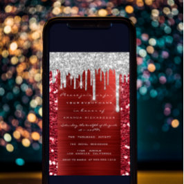 Glitter Drips Silver Red Ruby Bridal Sweet 16th Kaart