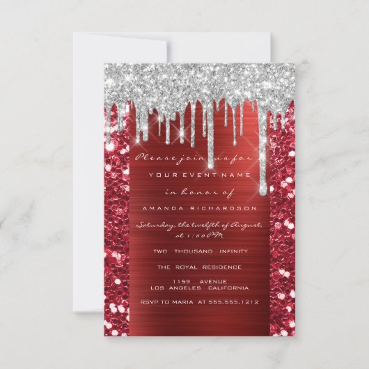 Glitter Drips Silver Red Ruby Bridal Sweet 16th Kaart (Voorkant)