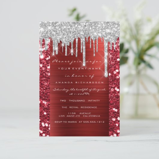 Glitter Drips Silver Red Ruby Bridal Sweet 16th Kaart (Staand voorkant)