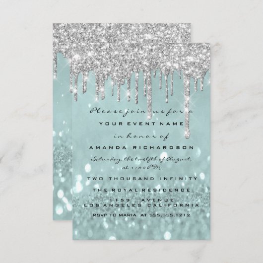 Glitter Drips Silver Smoky Bridal Sweet 16th Kaart (Voorkant / Achterkant)