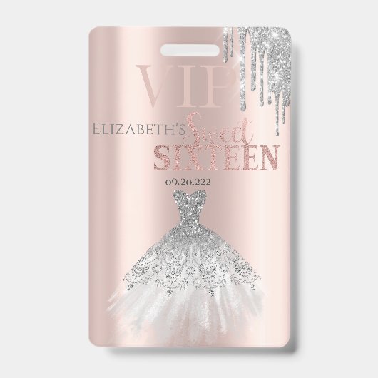 Glitter Drips, Siolver Dress Roos Gold Sweet 16 Badge (Front)