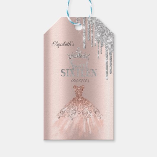 Glitter Drips Tiara,Dress Roos Gold Sweet 16 Cadeaulabel (Voorkant)